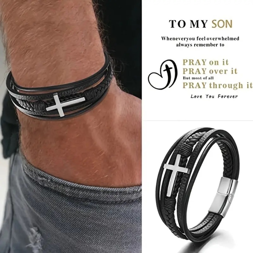 🕊Multi-Layer Braided Leather Stainless Steel Cross Magnetic Latch Bracelet